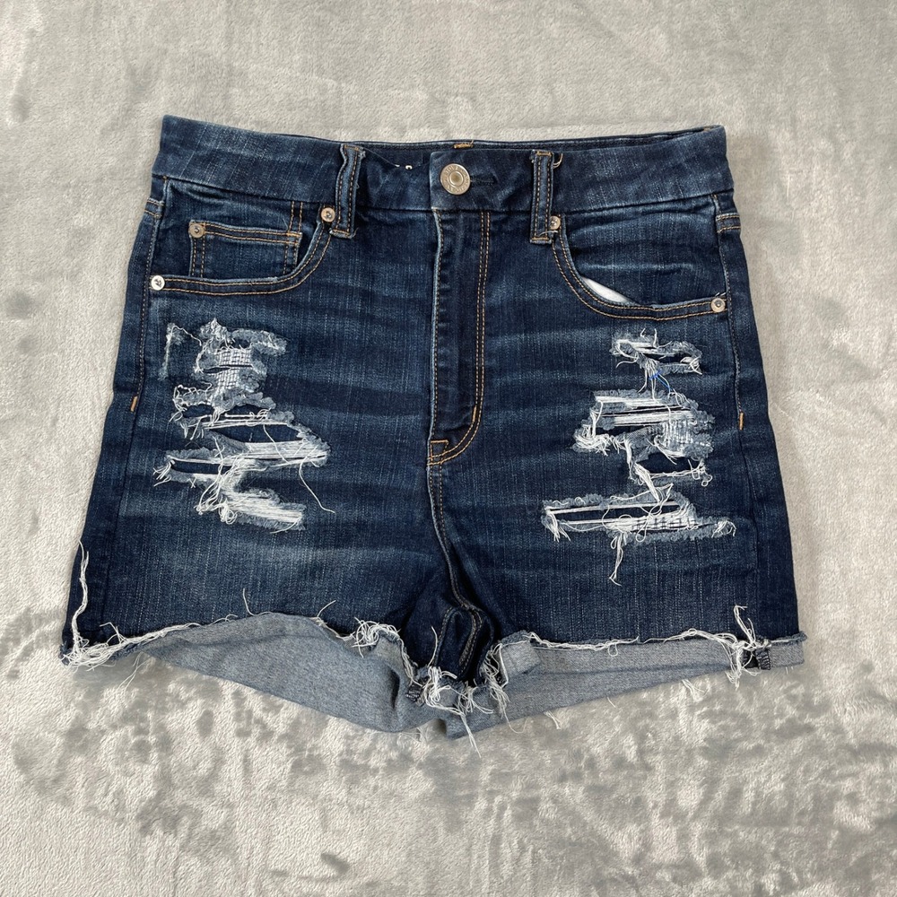American Eagle Shorts Size 8 High Rise Distressed Denim Dark Wash Raw Hem